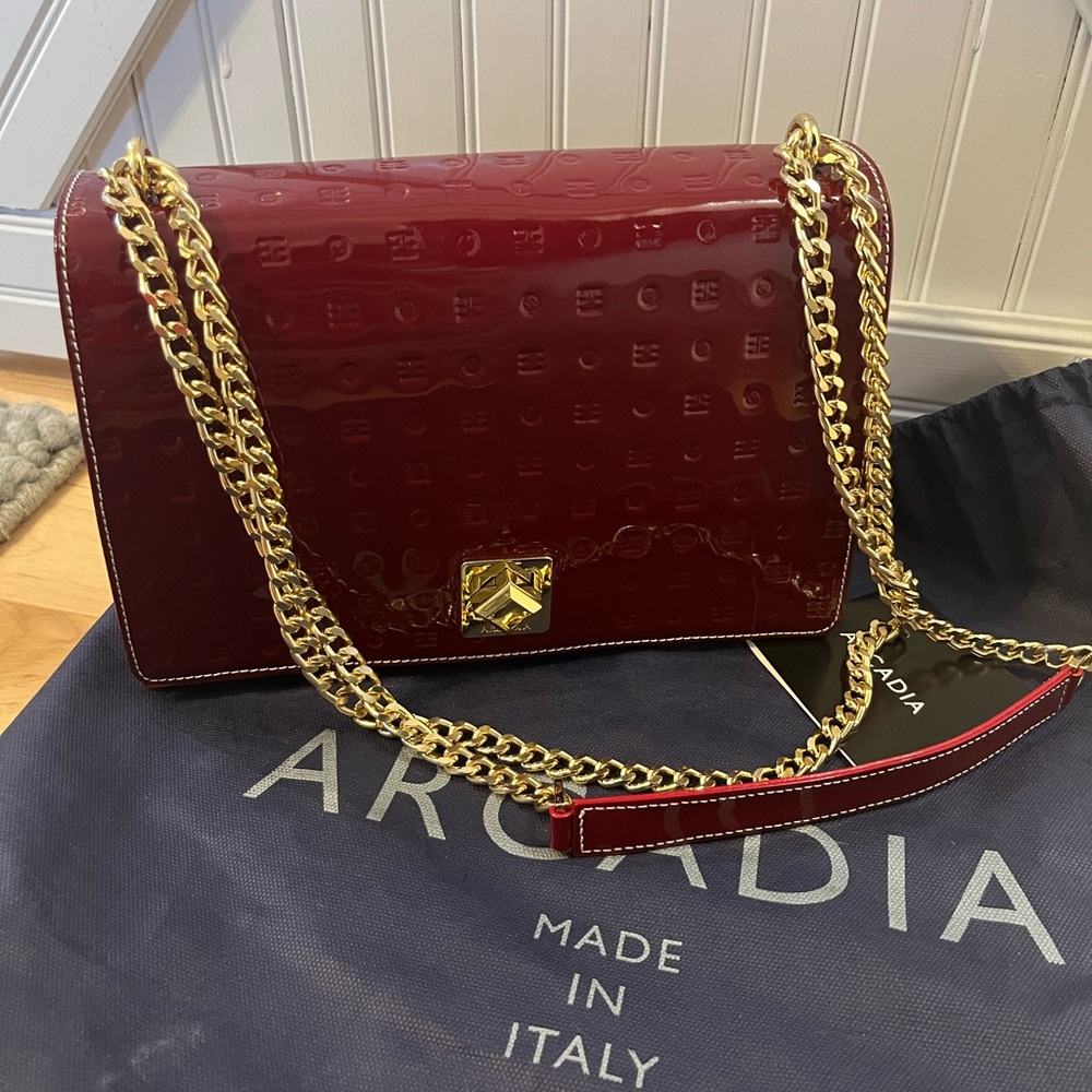 Arcadia Burgundy Leather Shoulder Bag with Gold Chain